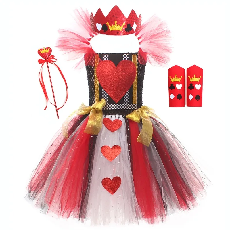 Halloween Cosplay Costume Cartoon Heart Queen Sleeveless Dress Accessories Set Performance Party Role Playing Outfits for Girls