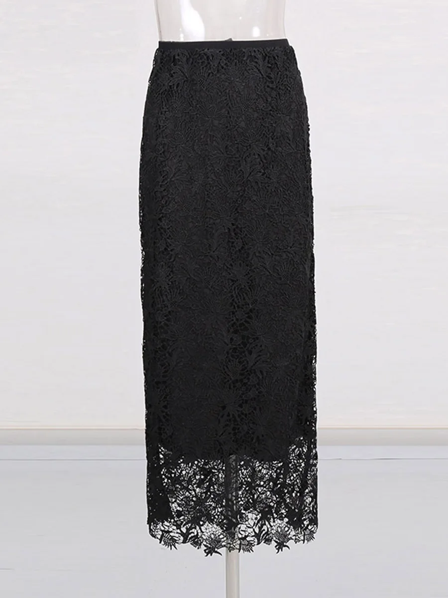 CHICEVER Set Dua Potong Renda Hitam Berpotongan Persegi Kerah Persegi Lengan Panjang Jaket Transparan Seksi Set Rok Wanita Mode Musim Gugur