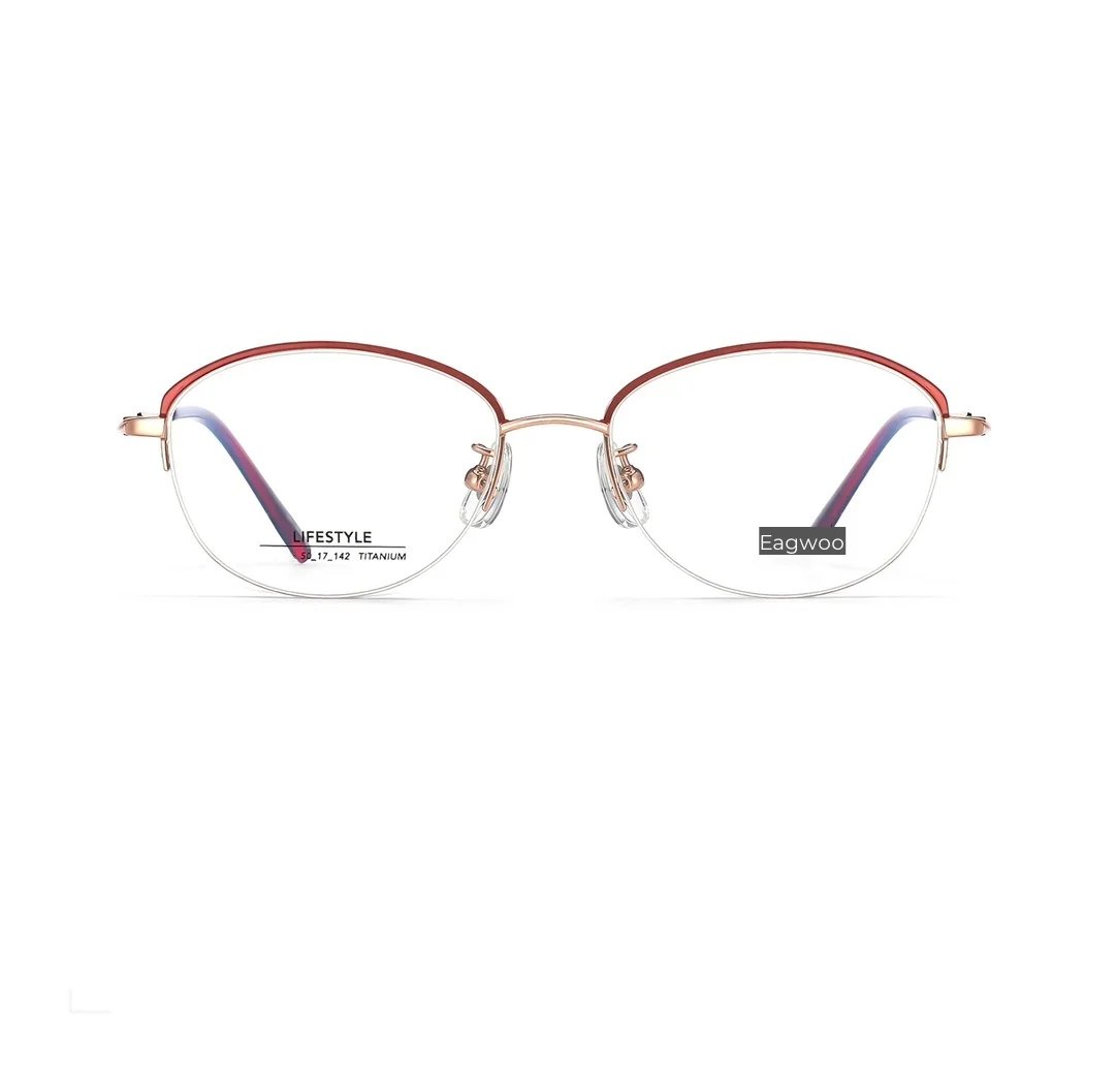 Pure Titanium Eyeglasses Women Glasses Designed Half Rim Slim Temple Elegant Spectable 50mm Wide