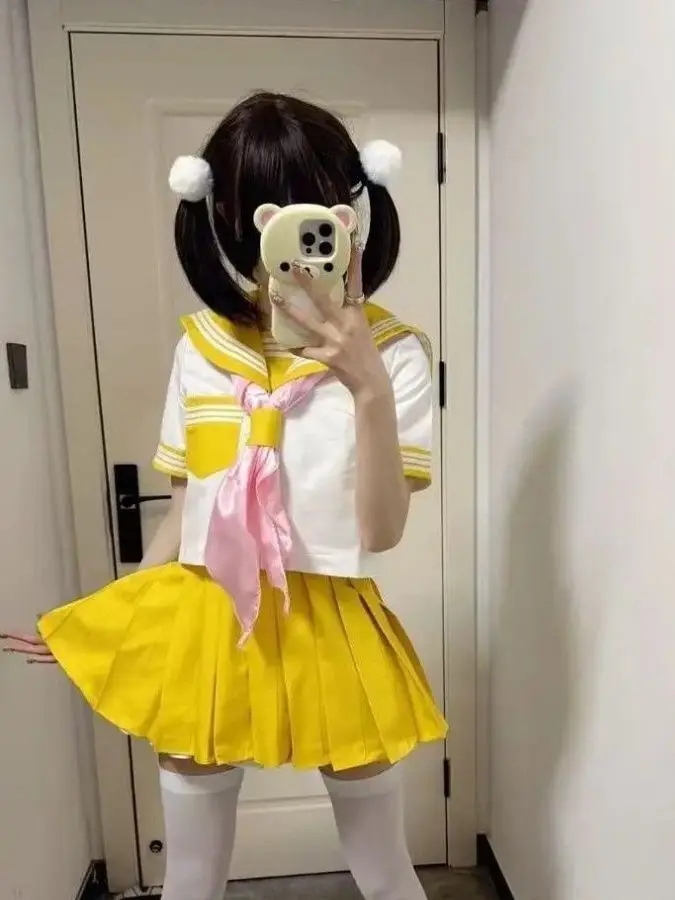 Authentic Japanese School Uniform Basic Yellow Three Books Sailor Suit Set Cute School Girl Pleated Skirt Outfit Polyester view 3