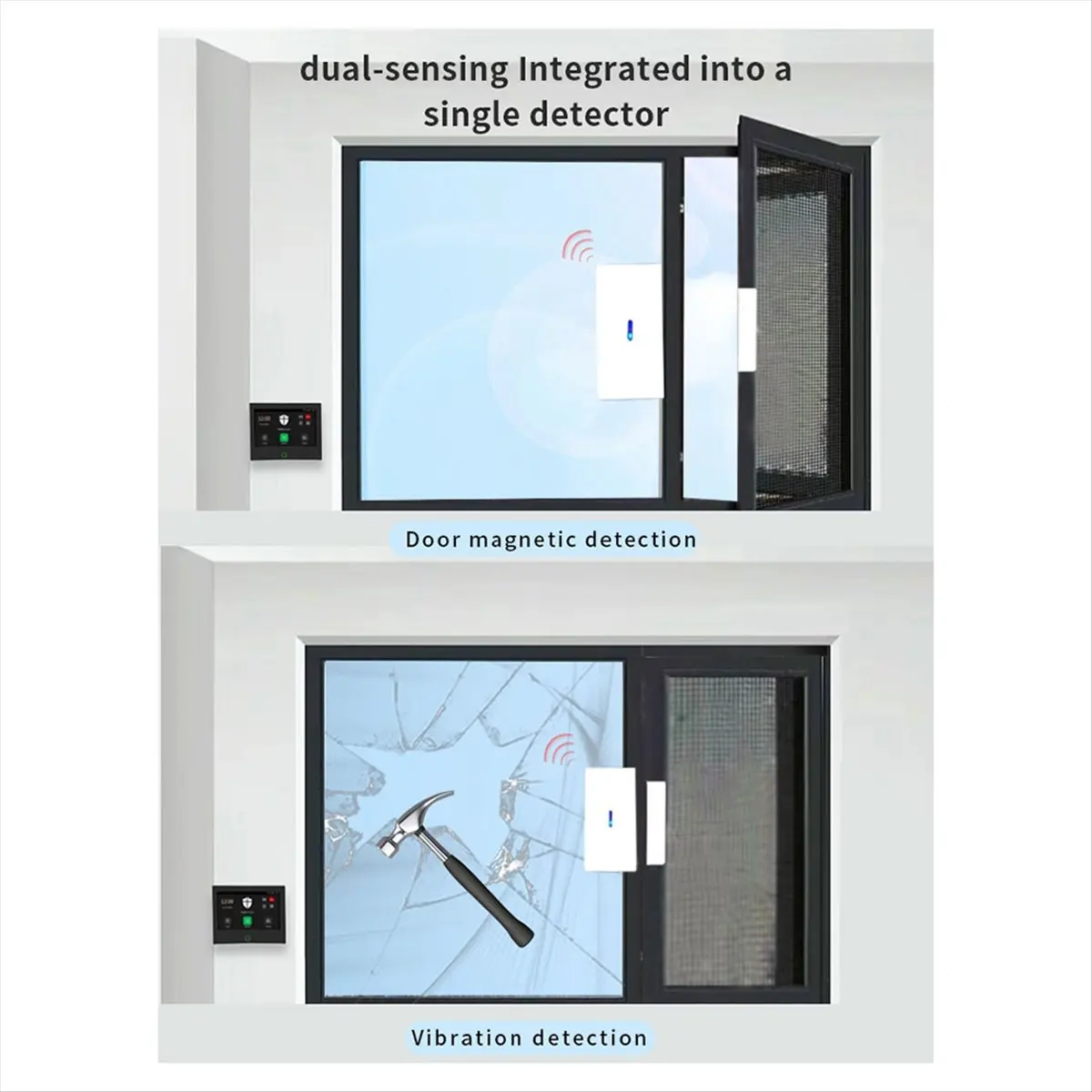 5-Level Sensitivity Adjustment Window Glass Break Vibration+Magnetic Door Sensor, Requires Alarm Host to Operate