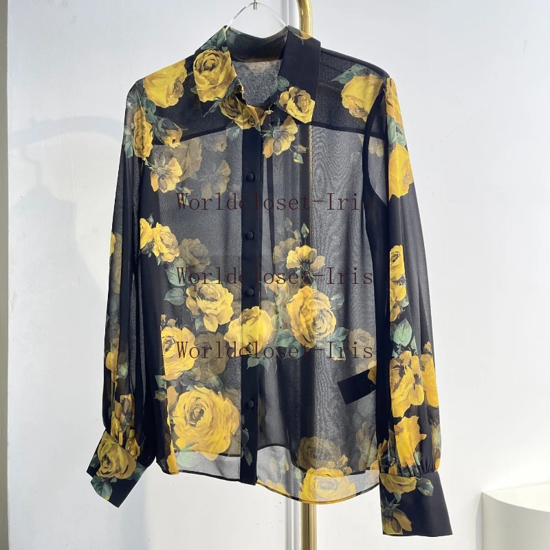 

Rose Embellished Button Up Long Sleeve Black Gold Floral Print Sheer Blouse