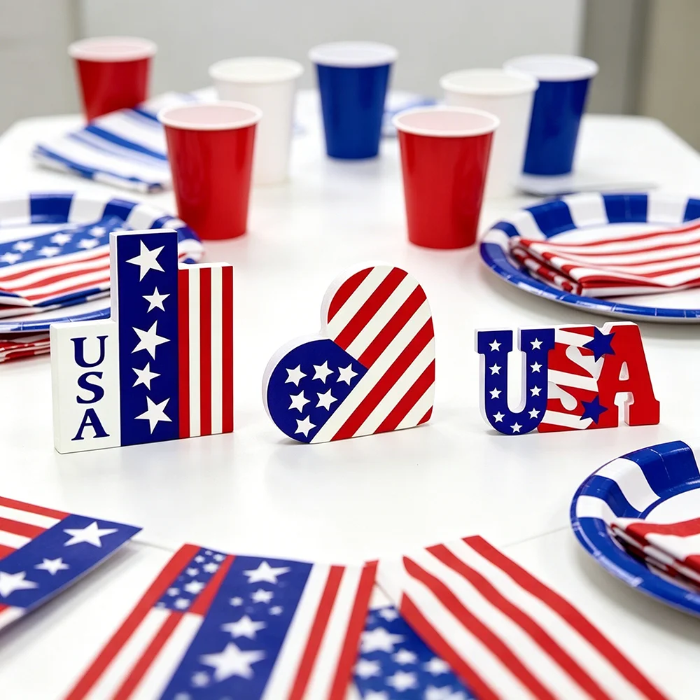 Ornement en bois en forme de cœur, étoiles et rayures rouges, blancs et bleus, thème USA, pour la Fête de l'Indépendance, la Fête Nationale, la décoration de table, la maison et les pique-niques