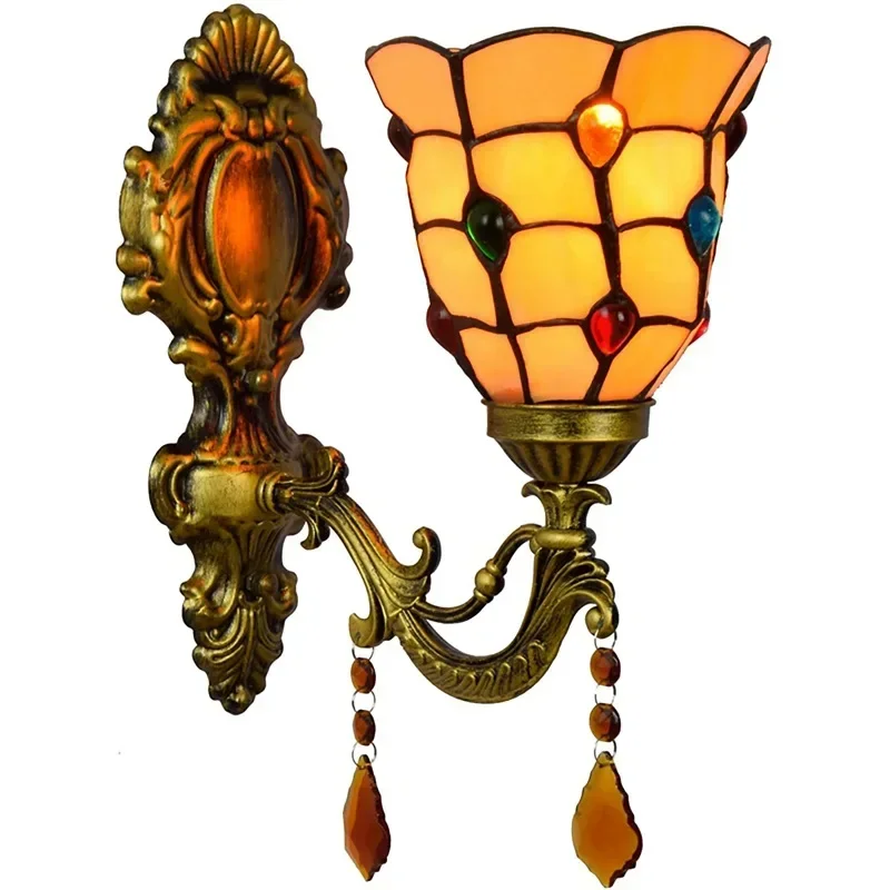 

Tiffany retro bathroom mirror headlight European and American pastoral crystal bedside wall lamp aisle bead wall lamp