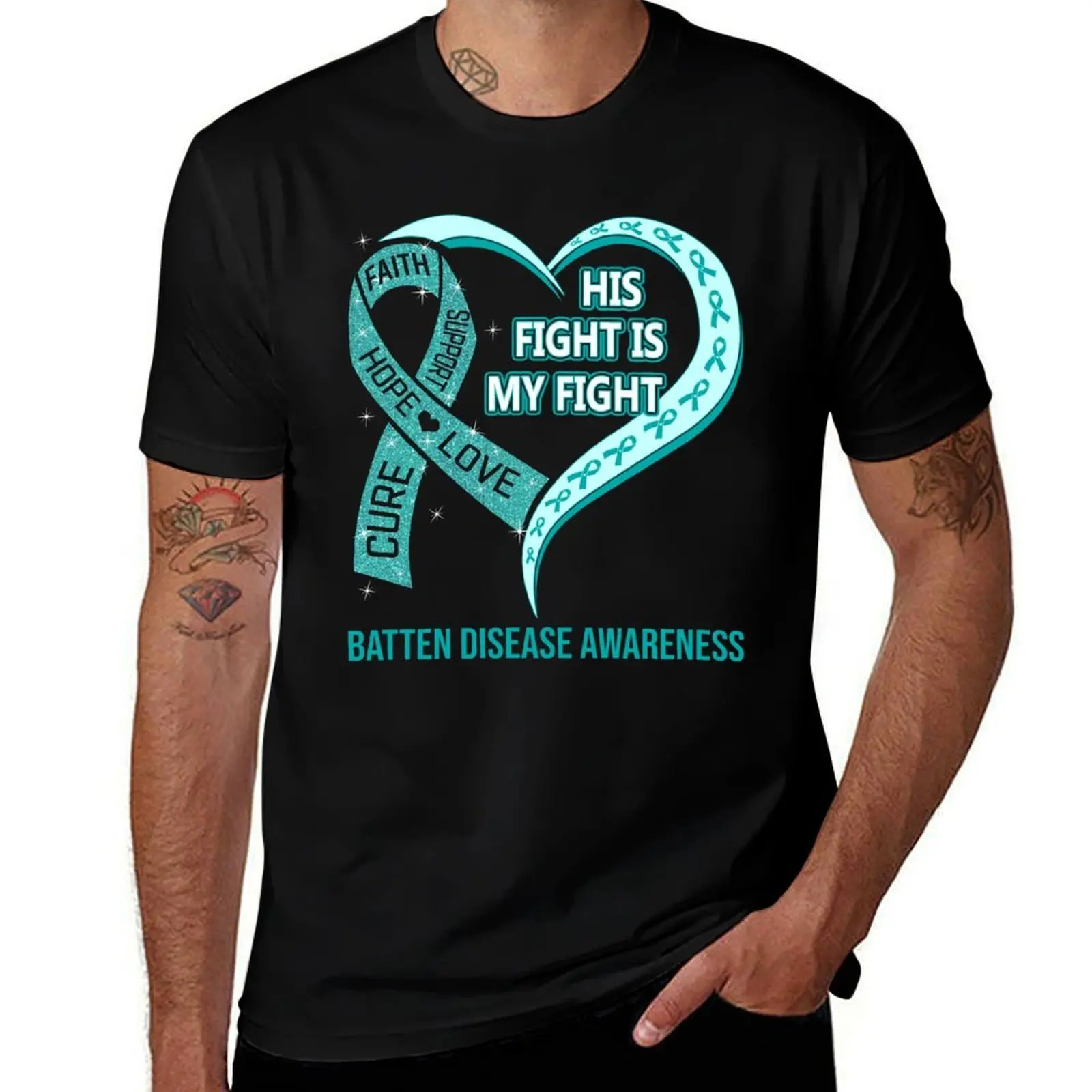 

His Fight Is My Fight Batten Disease Awareness Ribbon Heart T-Shirt t shirts for man cotton funny man t shirt summer T-Shirt