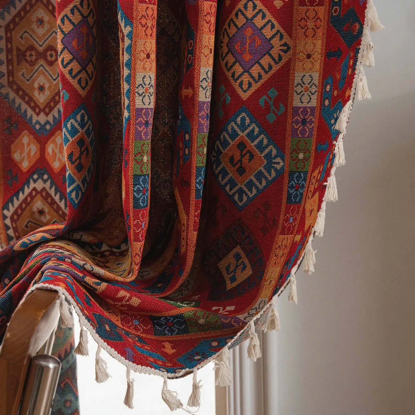 

Bohemian Style Curtains Jacquard Geometric Tassel Curtain Finished Kitchen Valance Bedroom Living Room Semi-blackout Drapes