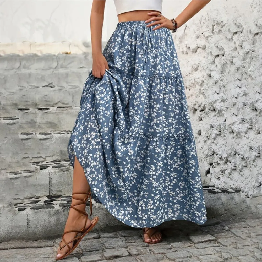 Small Floral Skirt Women\'s Waistband Elastic Three-layer Splicing Long Skirt A-line Pleated Big Swing Skirts 2025 Harajuku Femme