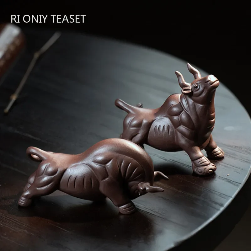 Yixing Purple Clay Tea Pet Decor Chinese Zodiac Lucky Cattle Figurine Desktop Ornaments Handmade Sculpture Tea Set Decoration