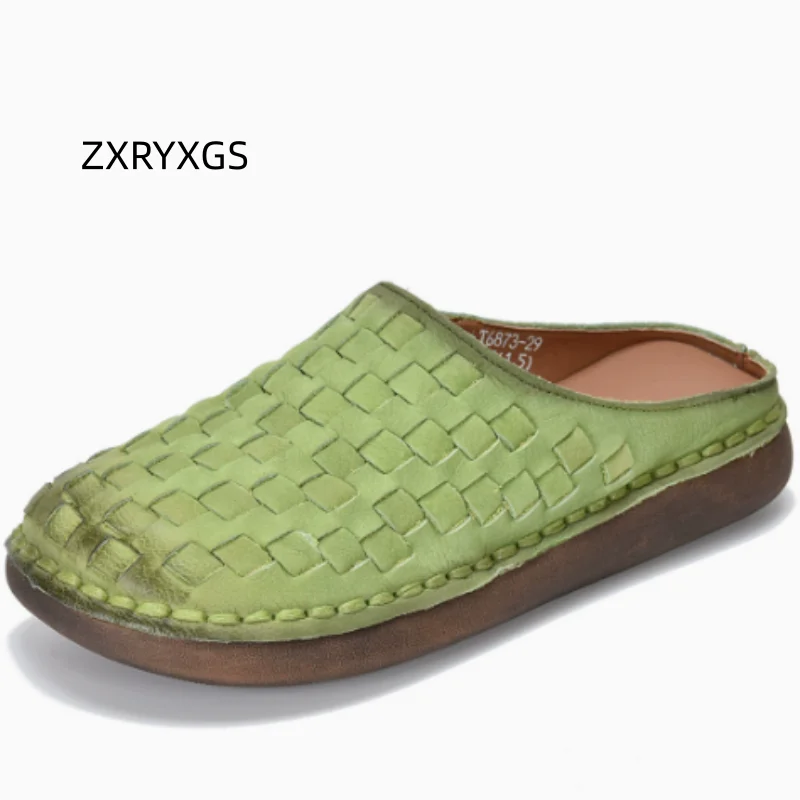 

ZXRYXGS New Fashion Top Cowhide Splicing Full Real Leather Slippers Flat Soft Sole Comfortable Women's Outside Slippers 2026