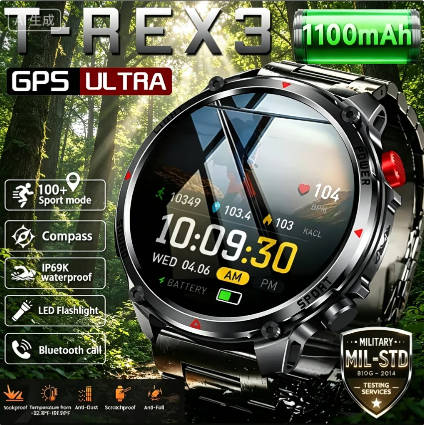 

2026 New 1000mAh Large Capacity Battery Smart Watch Adult Men GPS Path Compass Altimeter 1.73-inch Large Screen IP68 Smart Watch