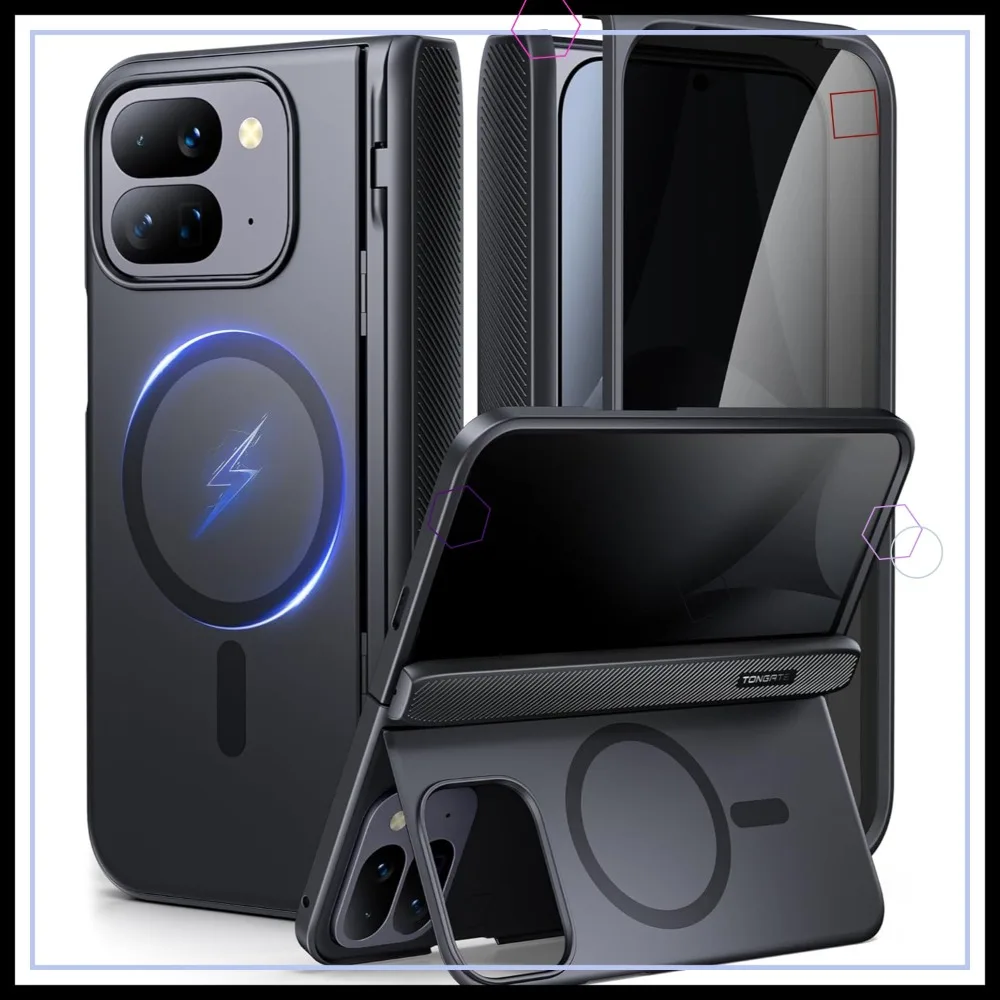 Magnetic Case for Pixel 10 Pro Fold with Privacy Screen Protector, Kickstand & Hinge Cover, Rugged Black Design