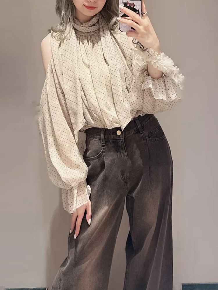 

Knot oulder Bared Chiffon irt Japanese Sle Early Autumn New All Match Knot Tied Snowflake irt Top