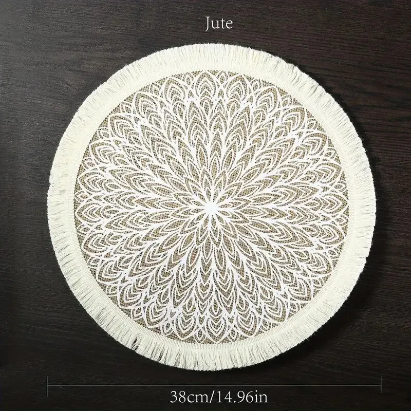 1 Piece Of Jute Fabric Dining Mat, Modern Geometric Pattern Tassel Edge Round Table Pad, for Bedroom, Living Room, Kitchen