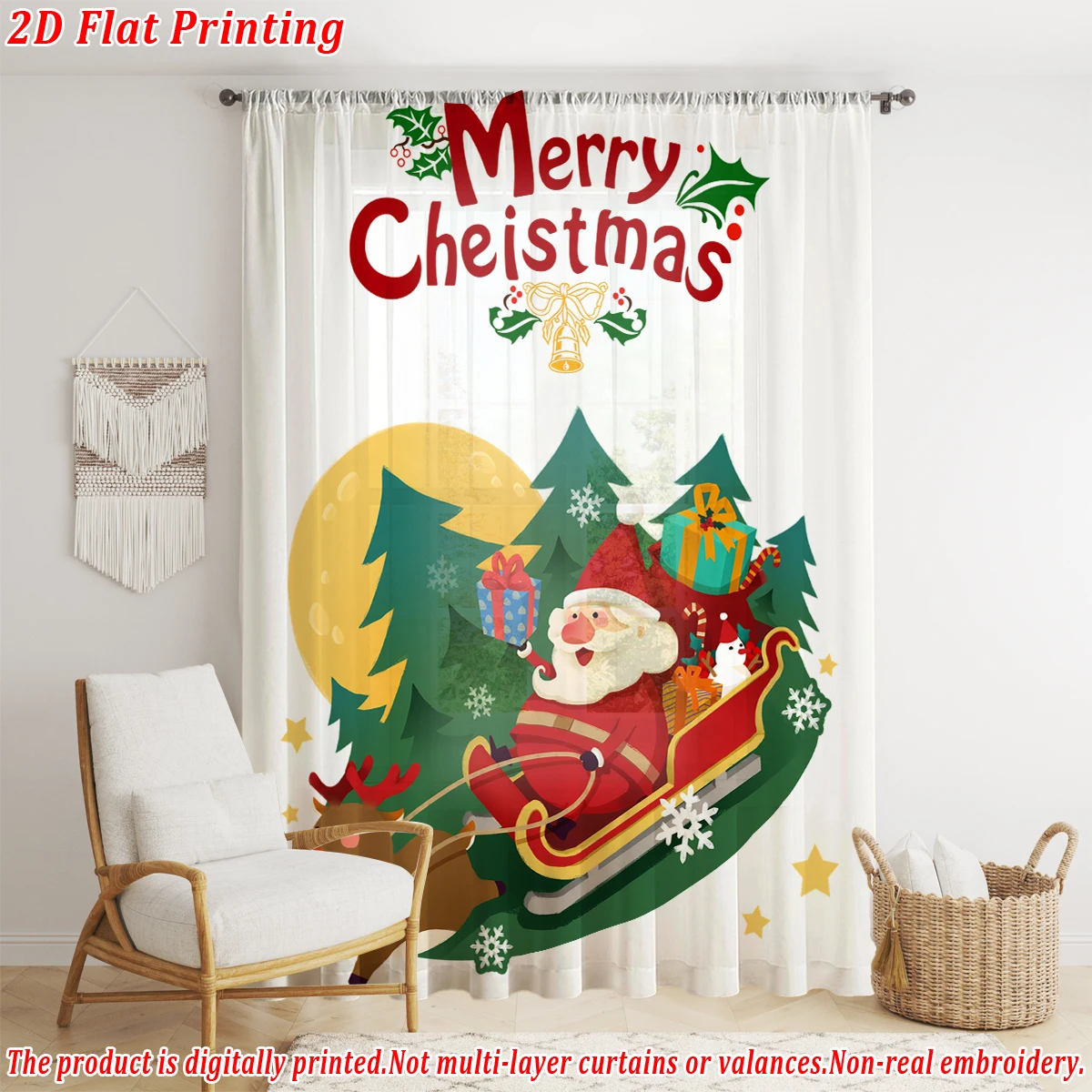 Christmas Flat Printing Sheer Curtain with Santa Claus Gift Box Ornament Reindeer for Living Room Bedroom Decor Holiday Party