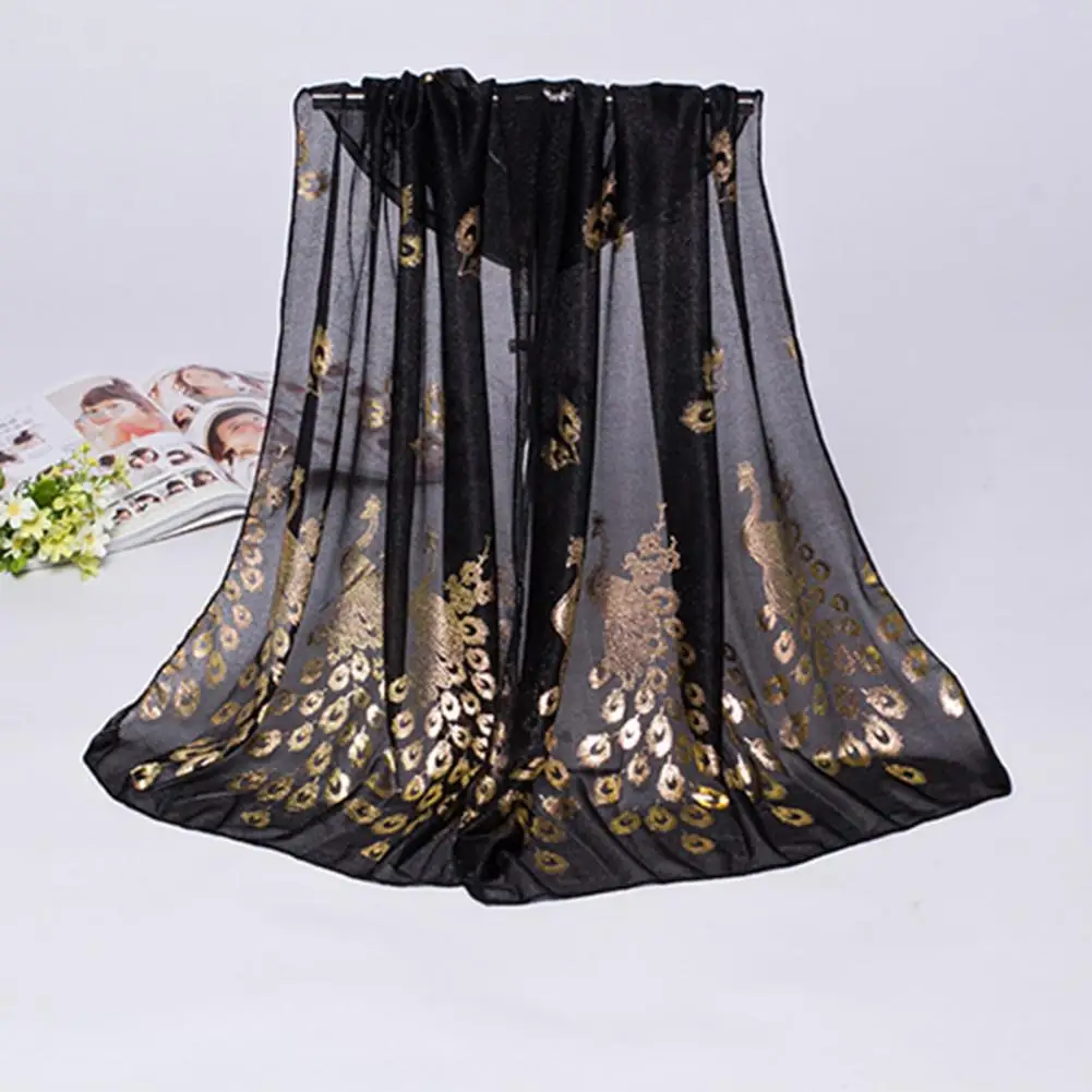 Elegant Chiffon Scarves Peacock Printed Long Women Silk Scarf Spring Summer Printed Travel Sun Scarf Lady Shawl Wrap