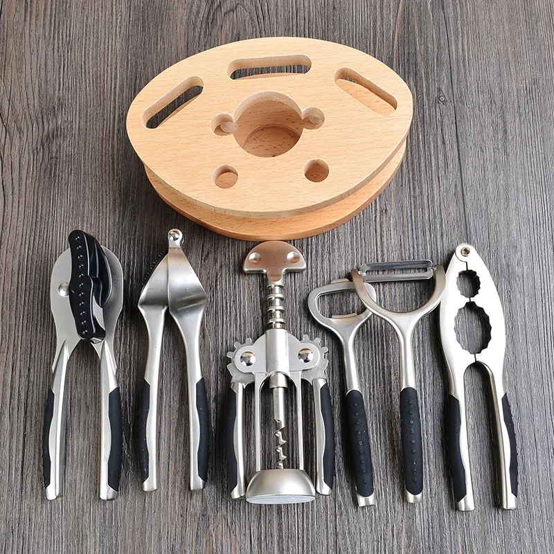 7-Pieces Zinc Alloy Wine Bottle Jar Opener Corkscrew Peeler Garlic Press Nut Cracker with Wood Stand Kitchen Accessories