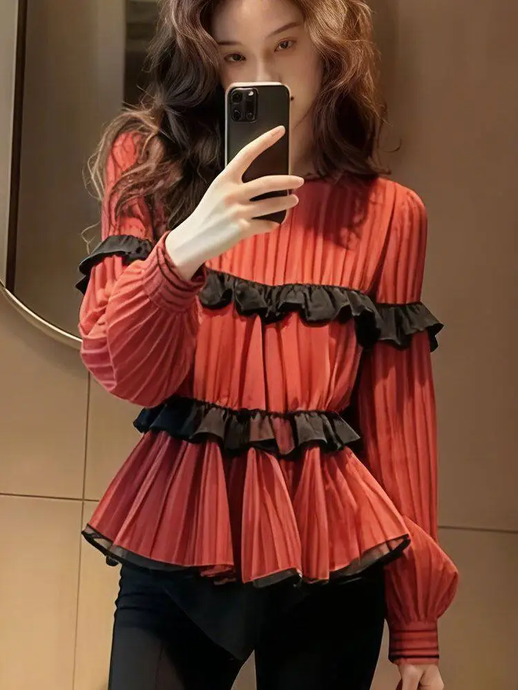 Elegant Women's Long Sleeve Ruffled Shirt in Red – Autumn & Winter New Arrival, High-End Fashion, Age-Defining & Slim-Fit Top