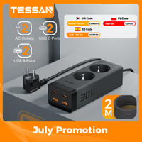 TESSAN 30W GaN Multiple Socket Power Strip with 2 Outlets 2 USB 2 Type C Cube Surge Protection Socket with 2M Extension Cord
