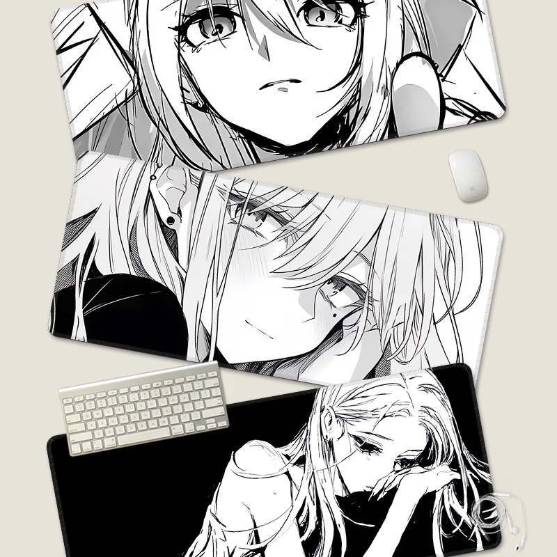Alas Mouse Premium Black-And-White Line Girl Alas Keyboard Uniseks Bergaya Anime Ketebalan 4Mm dengan Tepi Terkunci Alas Mouse Desktop