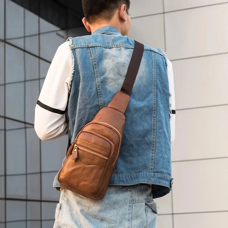 Bolso cruzado de cuero genuino para hombre, bandolera informal de gran capacidad, a la moda, para negocios