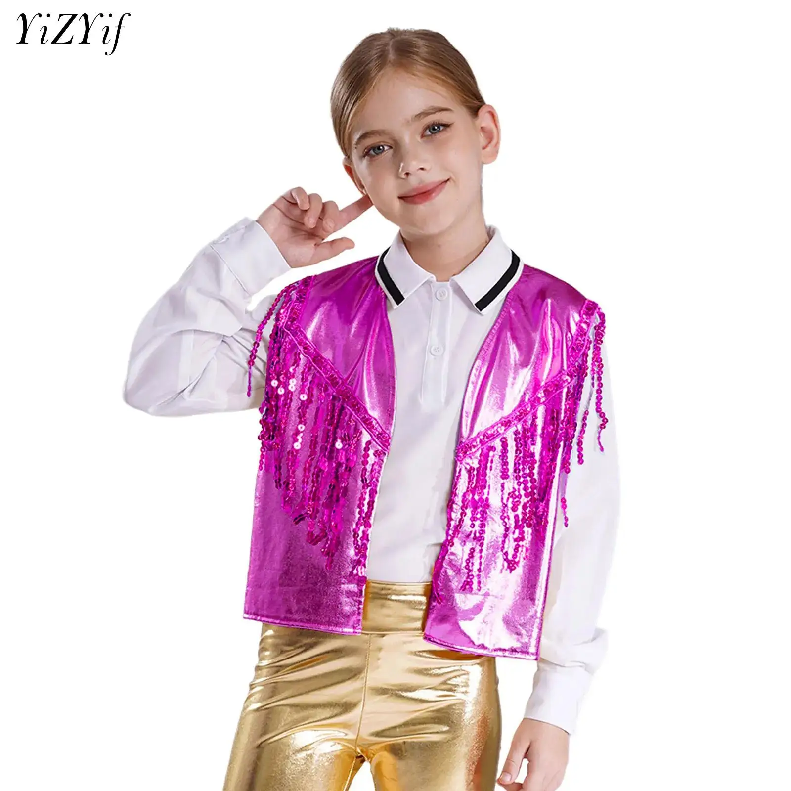 Girls Sleeveless Vest Sequin Tassel Jacket Jazz Hip Hop Latin Modern Dance Costume for Stage Performance Disco Party Dancewear