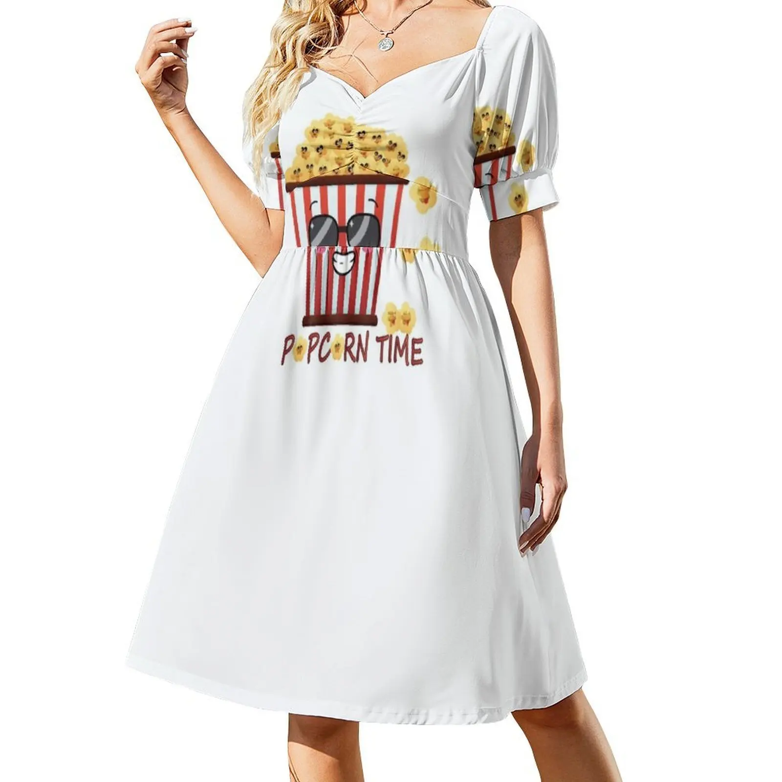 A Cute Popcorn Bucket For Popcorn Lovers And Snacks Bohemian Sleeveless Dress For Women Print Beach Party Dresses Popcorn Time