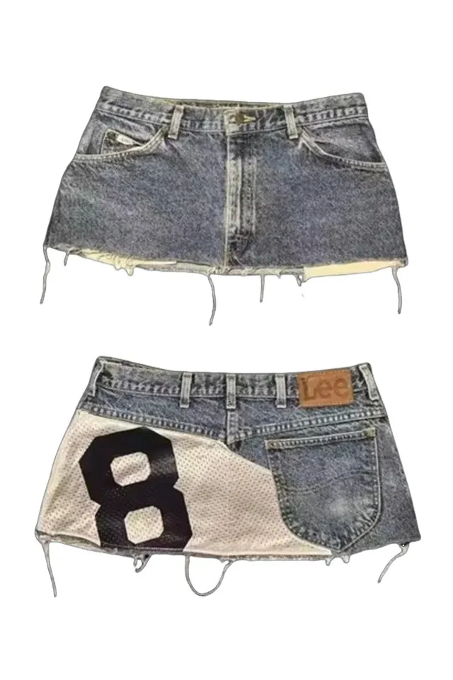Hip Hop Digital Pattern Patchwork Gothic Womens Denim Shorts Y2K Skirt Vintage 2000s Baggy Shorts High Waist Slim Fit Mini Skirt