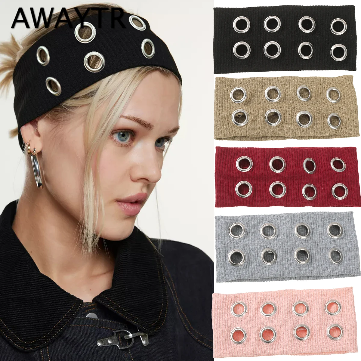 AWAYTR Punk Girl Fabric Hollow Elastic Headbands Metal Rock Personalized Hollow Eyelets Hair Band Casual Sports Grommet Headband