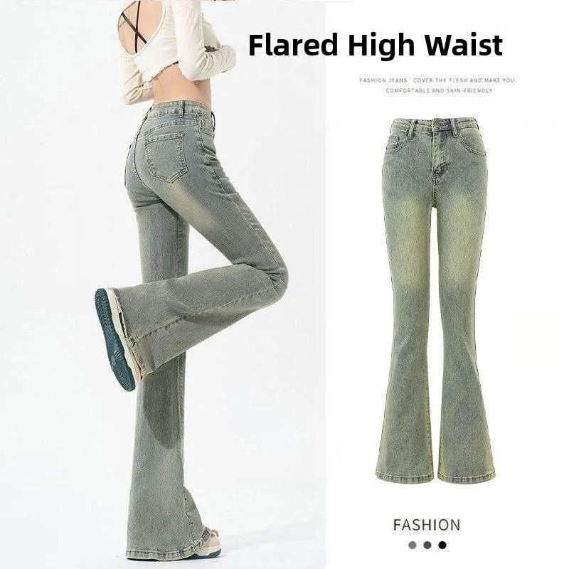 

High Waist Bell Bottom Jeans Women's Spring Autumn Light Colored Elastic Slim Fit Long Pants American Style Versatile High Waist