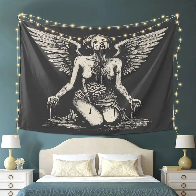 VIKAMA Dark Gothic Fallen Angel Tapestry Black White Grunge Weeping Angel Wall Hanging Dark Art Poster Bedroom Dorm Wall Decor