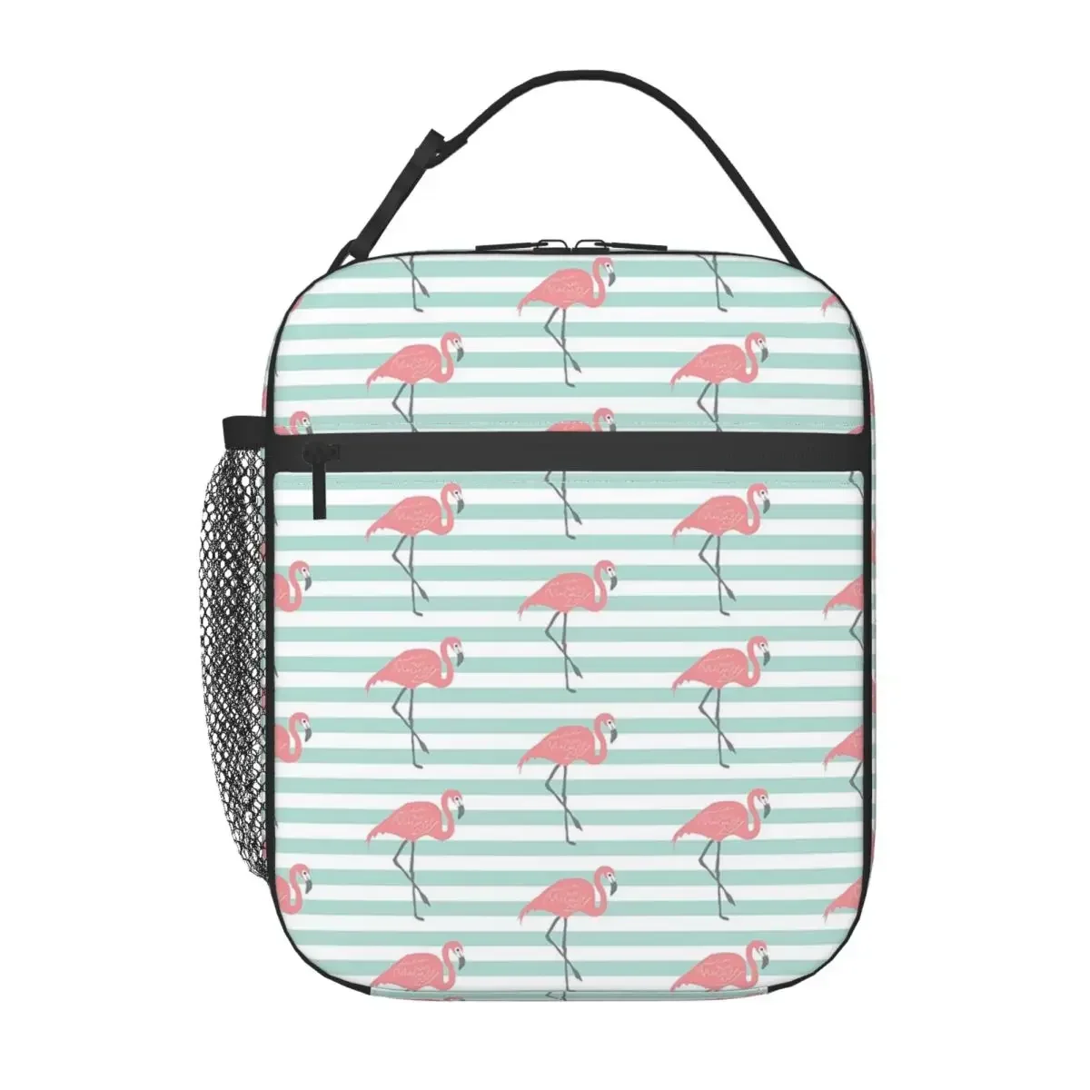 Black Striped And Cartoon Flamingo Insulated Lunch Bag for School Cooler Thermal Food Box Tote Leakproof Lunch Boxes Container