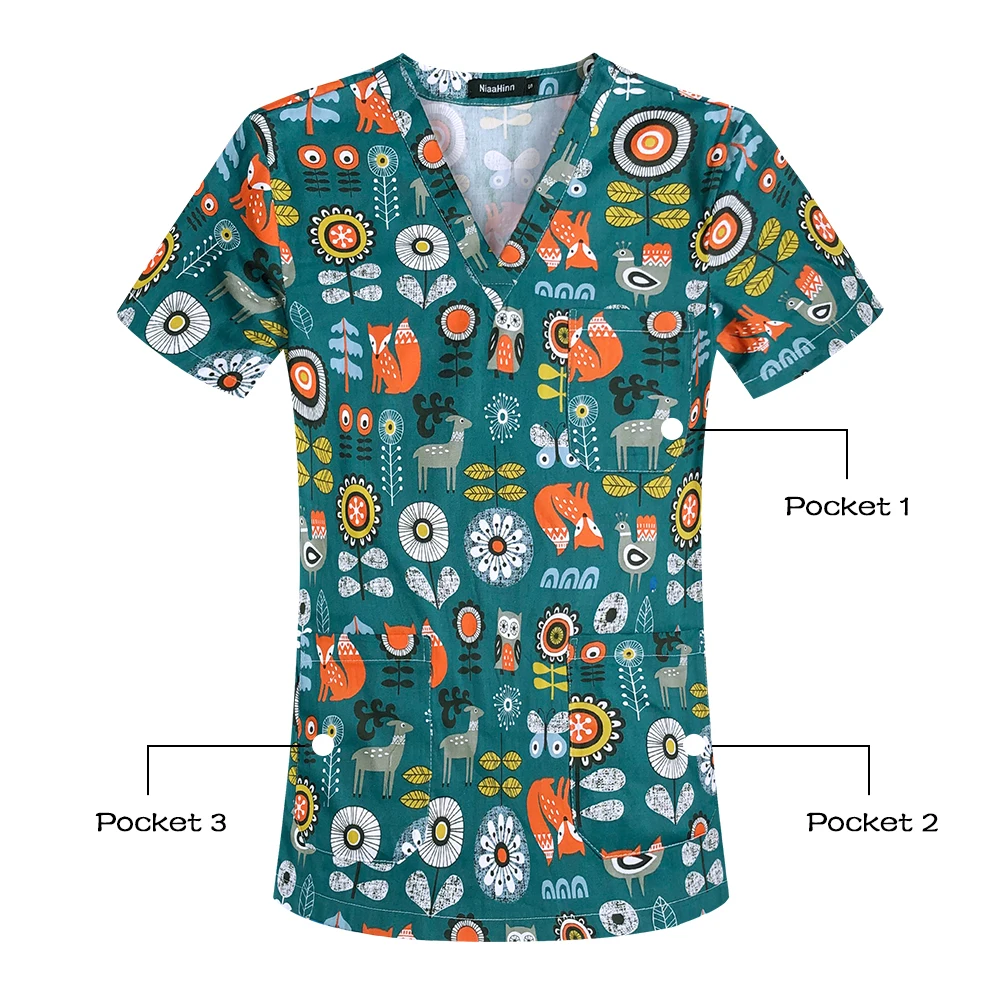 Uniforme clínico con bolsillo para mujer, Top Unisex de algodón con estampado de animales, camisa médica para Hospital, enfermería y médico, ropa de trabajo para hombre