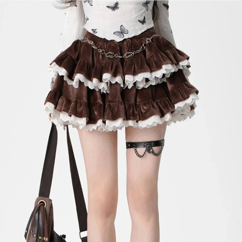 Deeptown Brown Kawaii Corduroy Skirt Women Korean Style Sweet Cake Mini Skirt Lace Spliced Black High Waist Ruffle Short Skirts