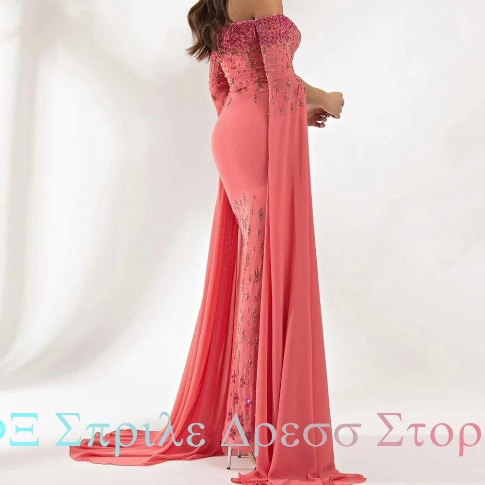 Sequined Crystal Chapel Train Straight Floor Length Strapless Exquisite Evening Dresses Off the Shoulder Chiffon Long Sleeves