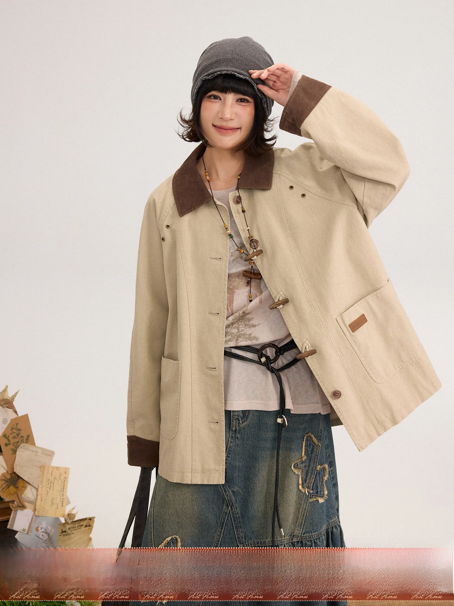 

Retro Style Cotton Velvet Jacket with Button Closure Color Block Design Long Sleeve Women's Spring Fashion Outerwear