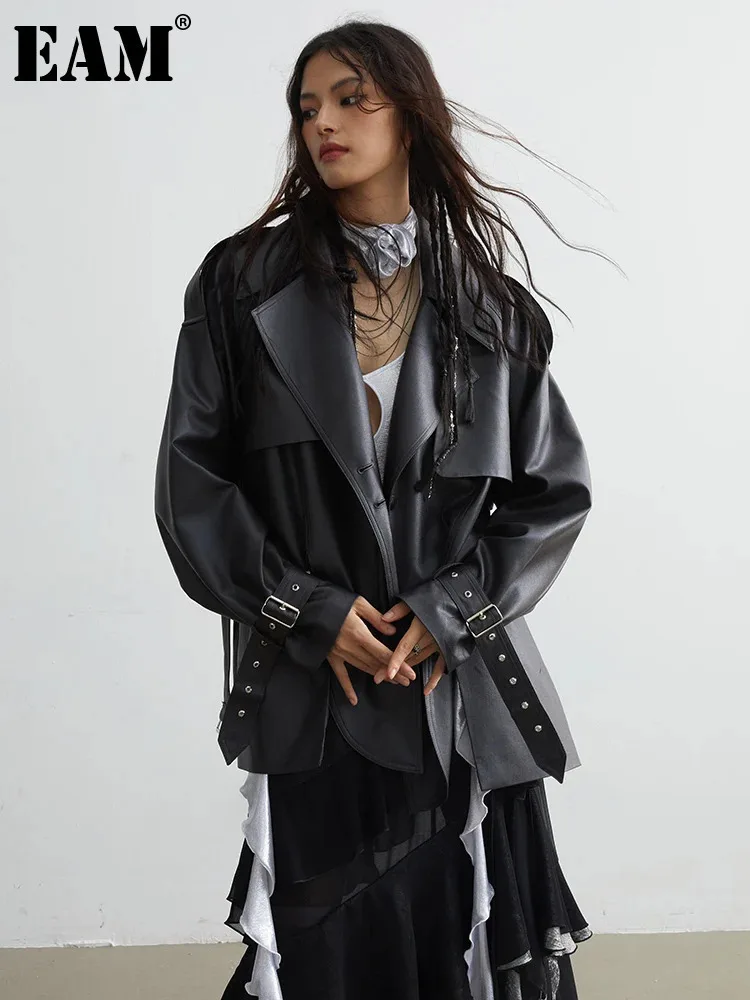 [EAM] PU Leather Black Slit Big Size Casual Jacket New Lapel Long Sleeve Women Coat Fashion Tide Spring Autumn 2025 1DH7523