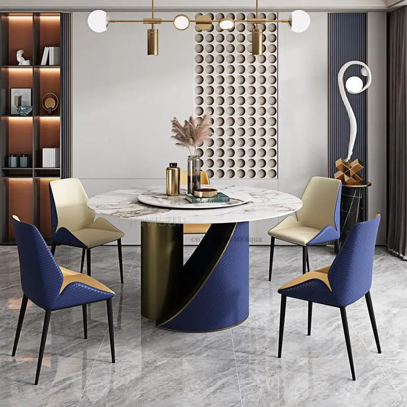 Rock Board Dining Table With Turntable Light Luxury Modern Minimalist Small Apartment Household Round Kitchen Table And Chairs