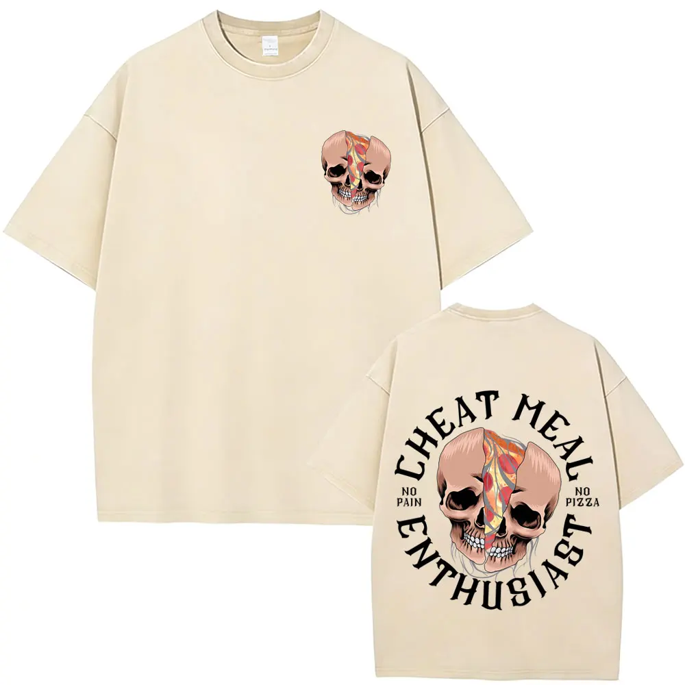 

Cheat Meal Enthusiast No Pain No Pizza Skeleton Vintage Washed T-shirt Men Gym Fitness Oversized T Shirts Unisex Cotton T-shirts