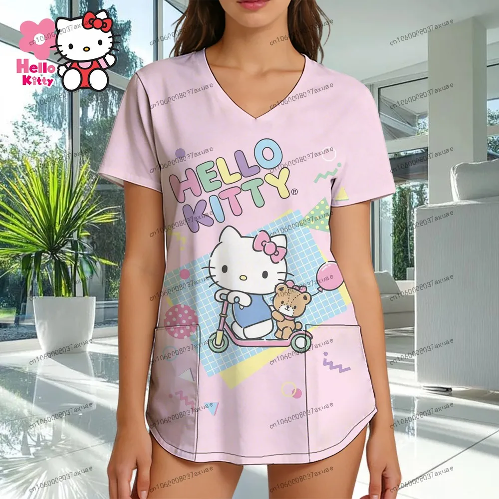 

V Neck Y2k Tops Women's Nurse Uniform T-shirt Leisure 2026 New Hello Kitty Summer Sanrio Short Sleeve Pocket Tees S-2XL Fashion