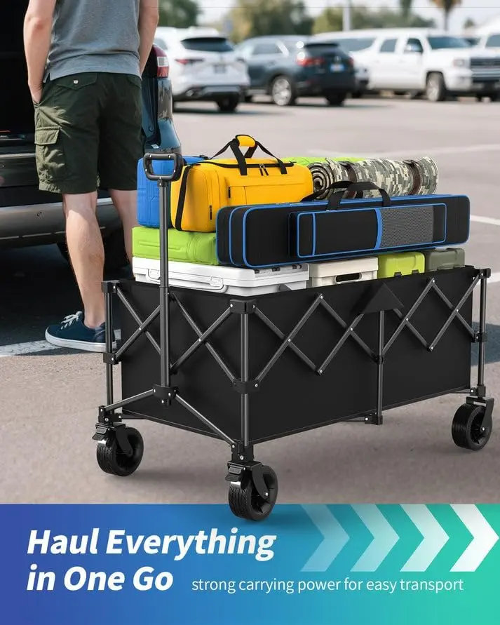 عربة قابلة للطي مقاس 45.5 بوصة - عربة تسوق شديدة التحمل وقابلة للطي بسعة 440 رطلًا، ومقبض قابل للتعديل، وعربة تسوق بعجلات #6
