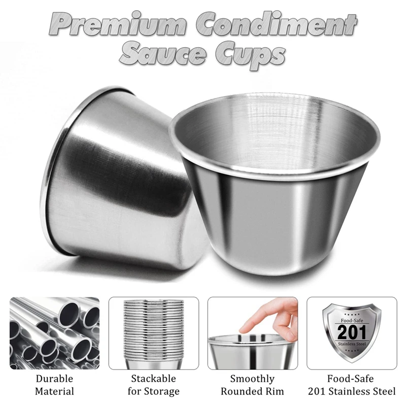 50 Piece Metal Sauce Cups 2.5Oz Ramekins, Stainless Steel Dipping Sauce Cups Silver Metal Condiment Container