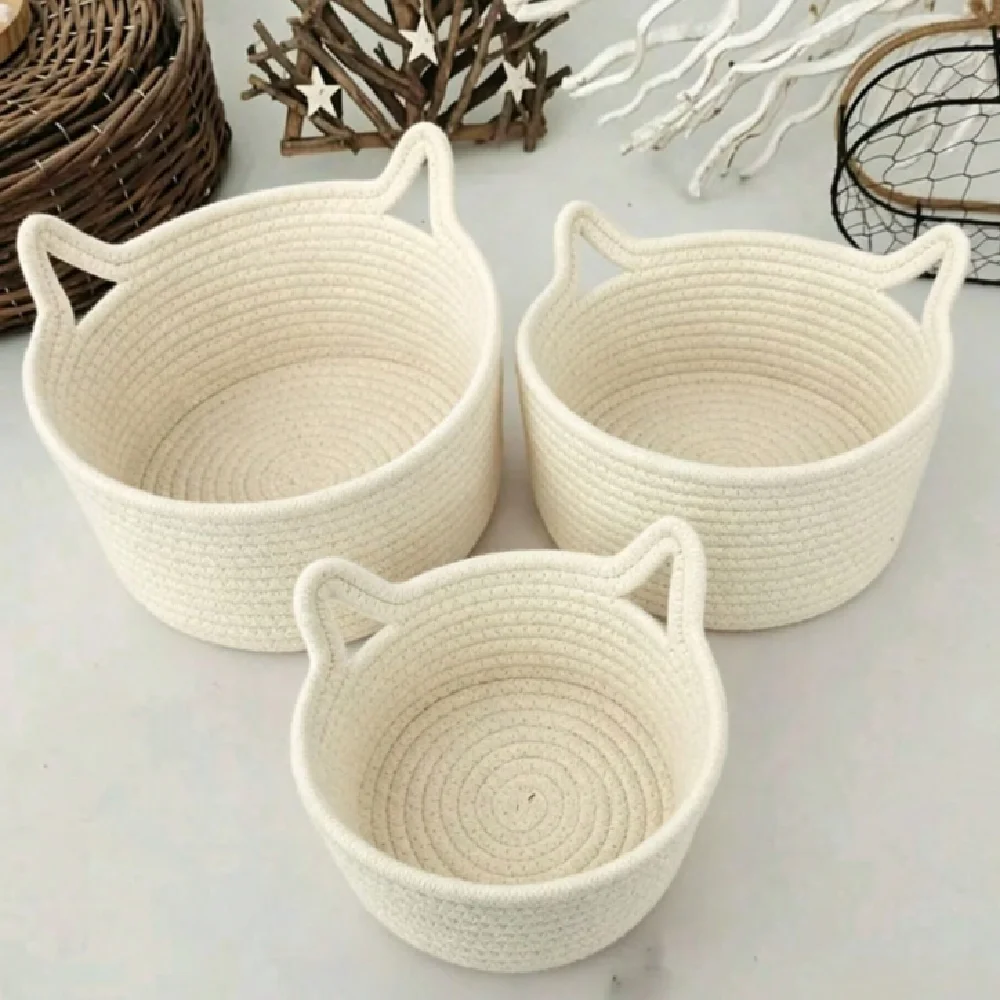 White Cat Ear Cotton Rope Storage Basket, Boho Woven Organizer for Desk Shelves, 3 Sizes (S/M/L) & 3-Pack Set Available