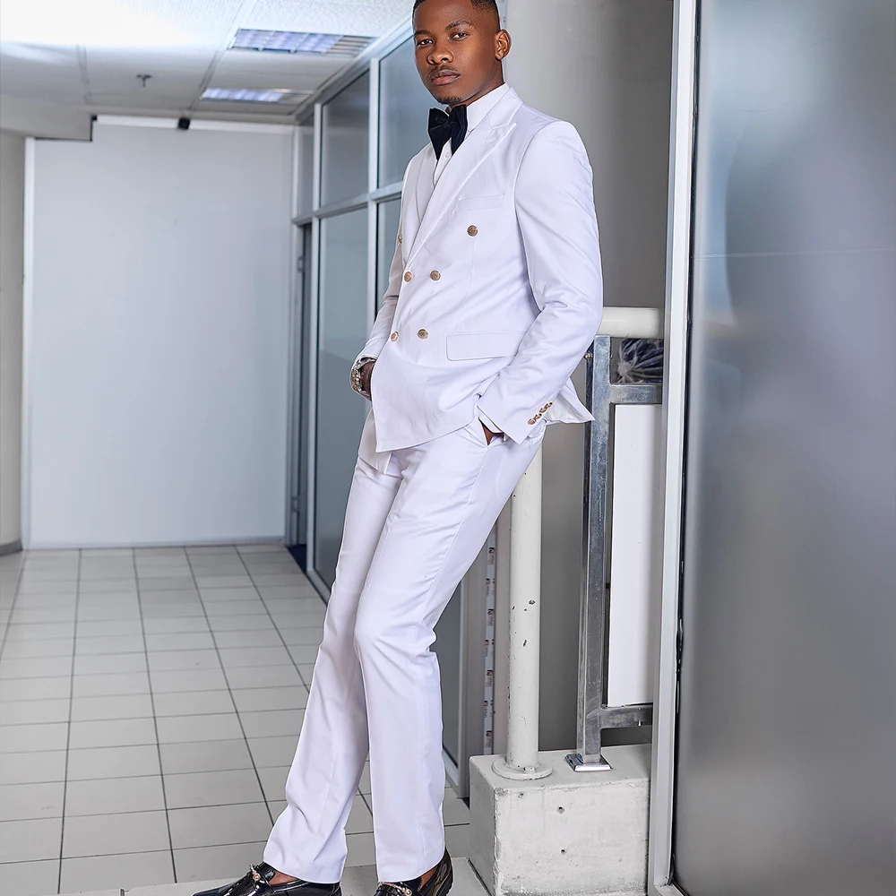 Abiti da uomo eleganti da sposa con risvolto a punta doppio petto abito da sposo bianco blazer giacca civile africana set da ballo slim personalizzato