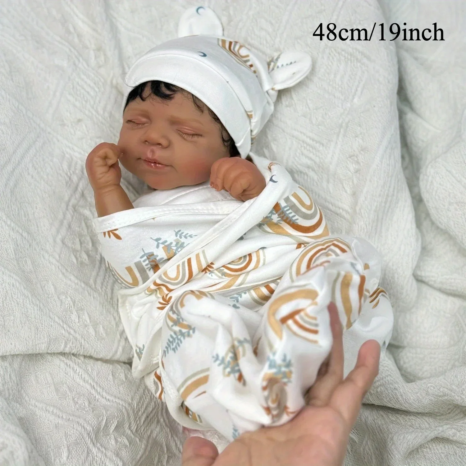 BZDOLL 48 CM Asleep Reborn Baby Doll Toy For Vinyl Limbs Cloth Body Lifelike Black Skin Smile Doll Birthday Gift Play House Toy
