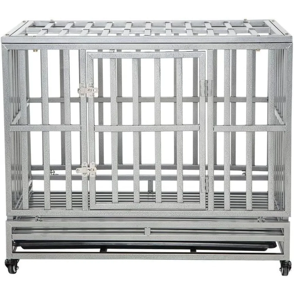 Heavy Duty Dog Cage Metal Kennel and Crate for Medium and Large Dogs,Pet Playpen with Four Wheels,Easy to Install,38 in,Silver