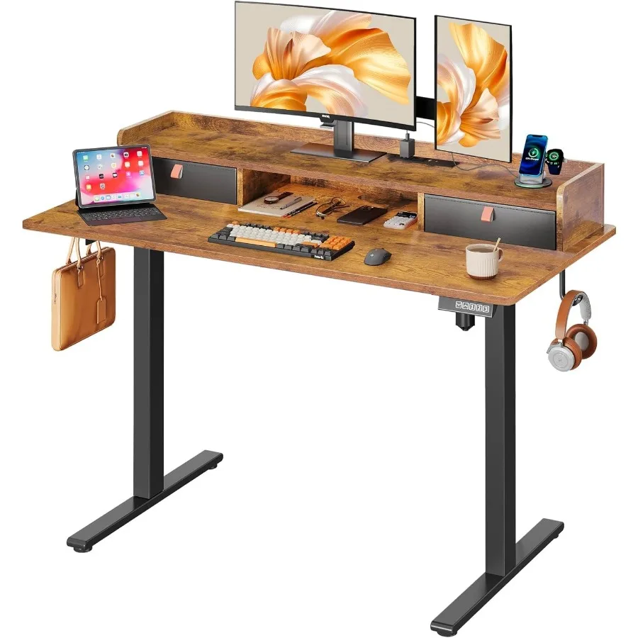 مكتب قائم كهربائي 48 × 24 Ih مع أدراج مكتب كمبيوتر مع 3 رف تخزين بارتفاع قابل للتعديل مدمج 2 تيار متردد + 2 منافذ USB #1