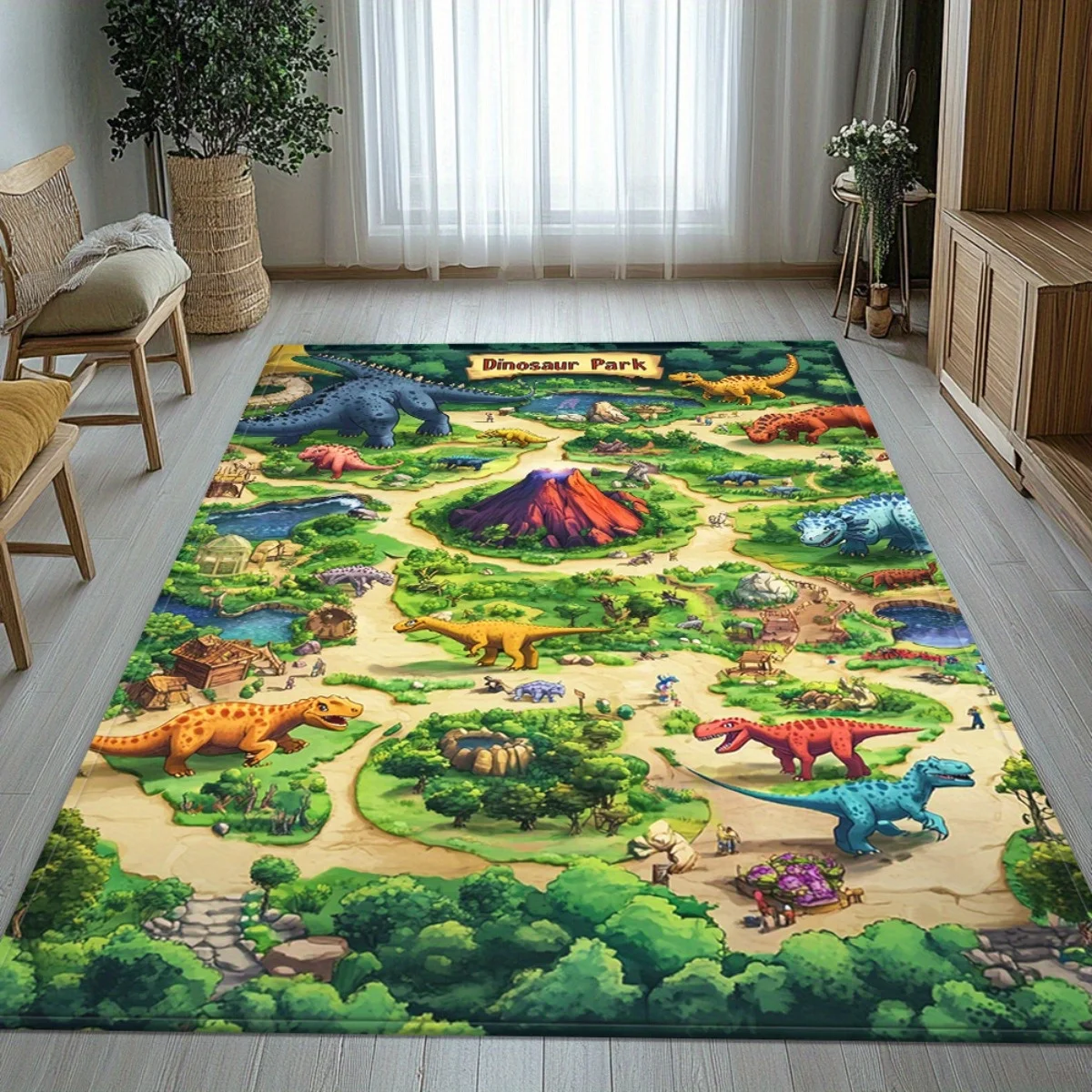 Dinosaur Park Kids Play Rug Educational Volcano Dinosaur Map Floor Mat Non-slip Soft Carpet for Toddler Bedroom Playroom Decor