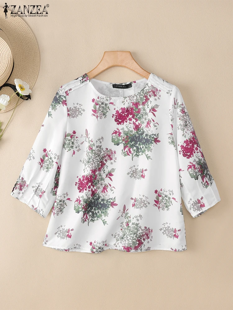 بلوزات صيفية كلاسيكية من ZANZEA لعام 2025 للسيدات بأكمام 3/4 بلوزة غير رسمية مطبوعة بالزهور ورقبة مستديرة بلوزات فضفاضة كبيرة الحجم