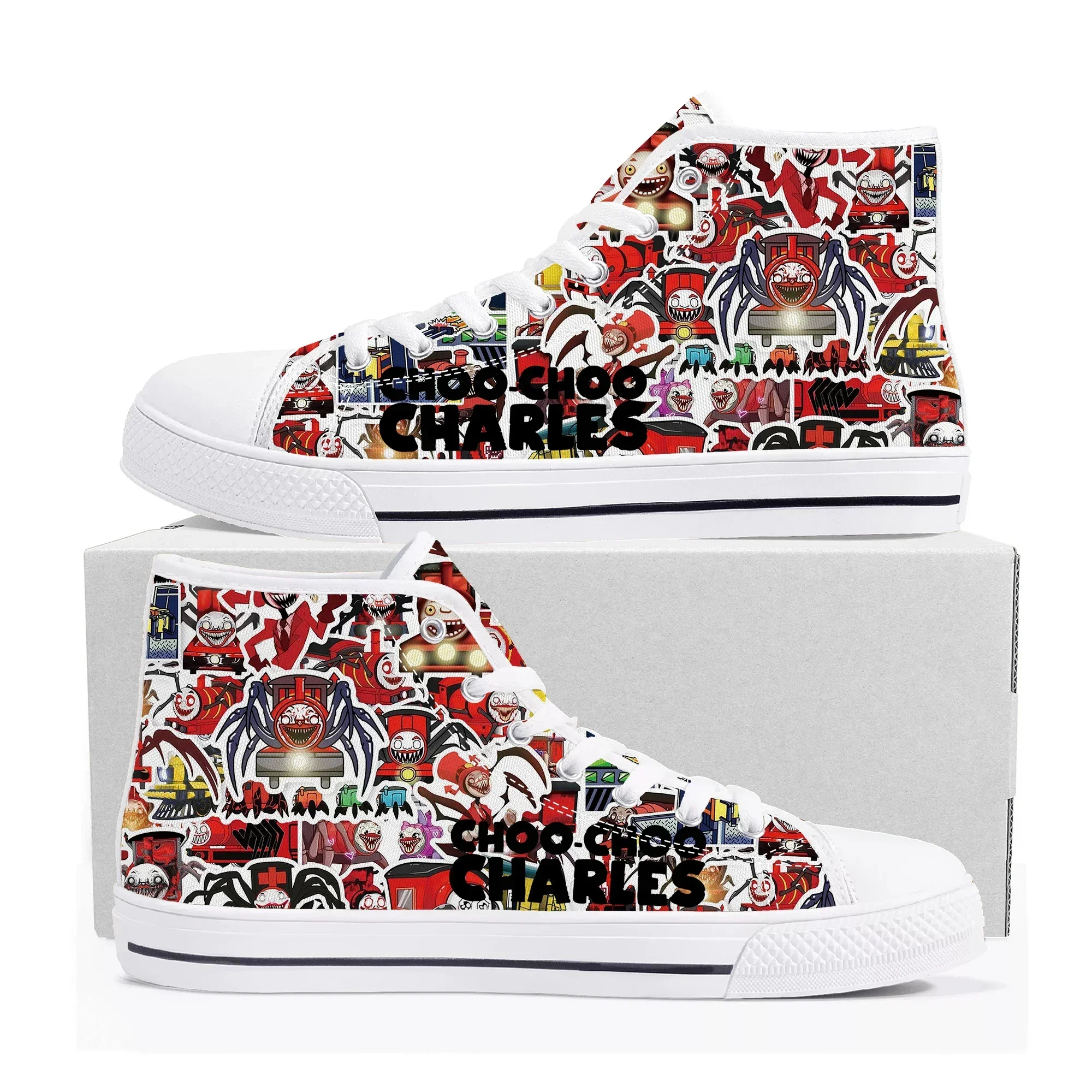 

Кроссовки Choo Choo Charles High Top с мультяшным принтом для мужчин, женщин и подростков, высококачественные модные повседневные кеды из канваса, изготовленные на заказ