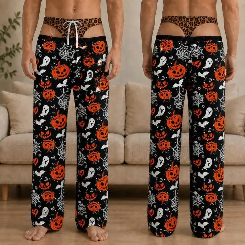 New Men's Halloween Sleepy Pants with Fun Pumpkin Bat Print Wide Leg Pants for Casual Autumn Holiday Party Home Sleepy Pants